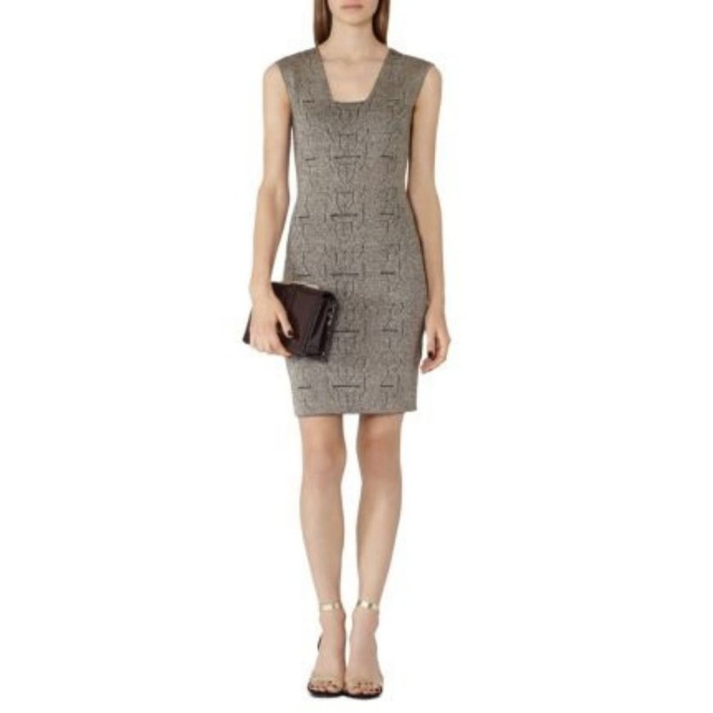 Reiss Alfredo Knitted Patterned Dress Size 8 Bodycon Gold/Black Metallic